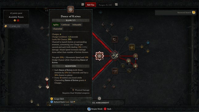 A screenshot showing the Knife Dance ability in the Diablo 4 skill tree.